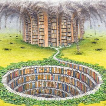 Jacek Yerka, Swamp Knowledge (2022) – Acrylic on canvas, 20.8 x 29.5 cm
